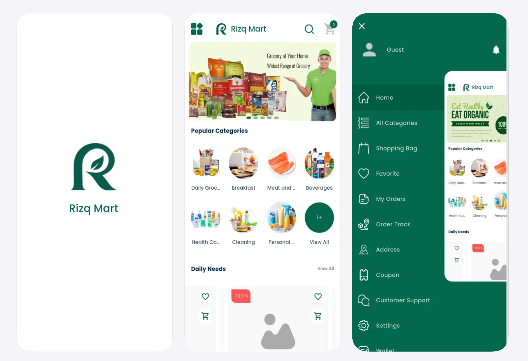 Rizq Mart mobile grocery application screens